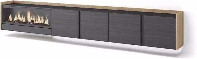 Mobile TV Soggiorno, 315x50x35 cm, Per TV fino a 80", Camino elettrico XXL, Sospeso, da appendere, LED, Nero e rovere