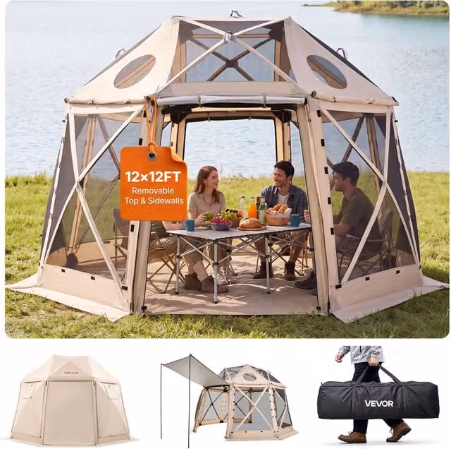 Gazebo da Giardino Pieghevole 3,6 x 3,6 m Pop-Up a 13 Lati Beige Resistente UV50+ Impermeabile 1500 mm con Rete e Borsa YR12x12Beige-13