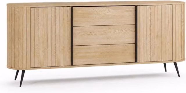 Credenza Madia Moderna Con 2 Ante 3 Cassetti Ripiani Interni E Piedi In Metallo Nero Per Soggiorno Sala Da Pranzo Salotto Design Scandinavo196 X 40.2 X 81.8 Cm Rovere