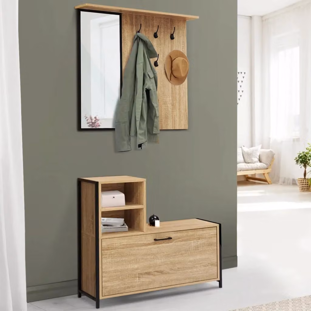 IDMarket Guardaroba d'ingresso DETROIT in stile industriale con specchio e scarpiera, Nero e Marrone, H: 185 cm, L: 120 cm, P: 30 cm – 2