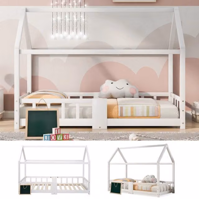Letto a casa per bambini CIPACHO in legno di pino bianco con rete a doghe L/P/H: 207 x 90 x 120 cm