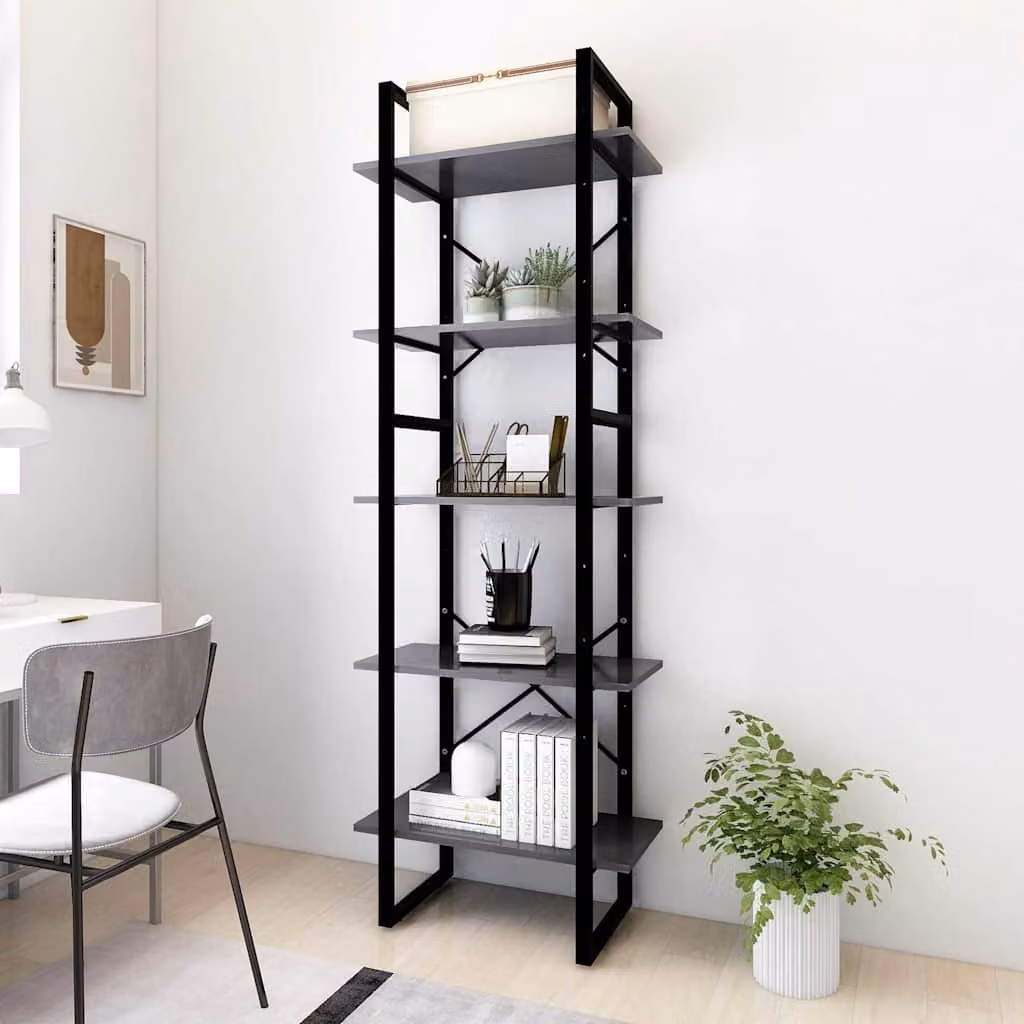Libreria a 5 Ripiani vidaXL in Stile Industrial Grigia con Legno e Metallo L: 60 cm, P: 30 cm, H: 175 cm