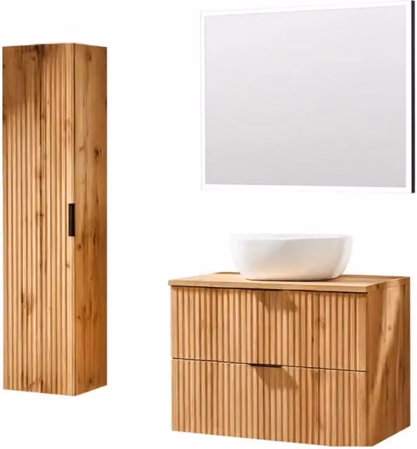 Set bagno sospeso Meublorama NOXERA in Rovere Wotan e Bianco, composto da mobile sottolavabo con lavabo, specchio con illuminazione LED e colonna, L: 80 cm, H: 140 cm, P: 46 cm – 1