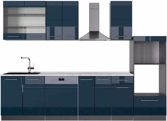 Cucina componibile moderna Vicco Fame-Line Blu scuro lucido e Antracite con armadio alto, L: 300 cm