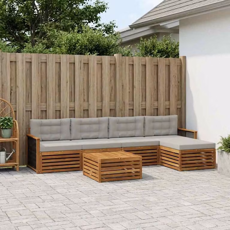 Set di divani da esterno vidaXL a forma di L composto da 6 pezzi in legno di acacia con tavolino e pouf, colore beige e grigio