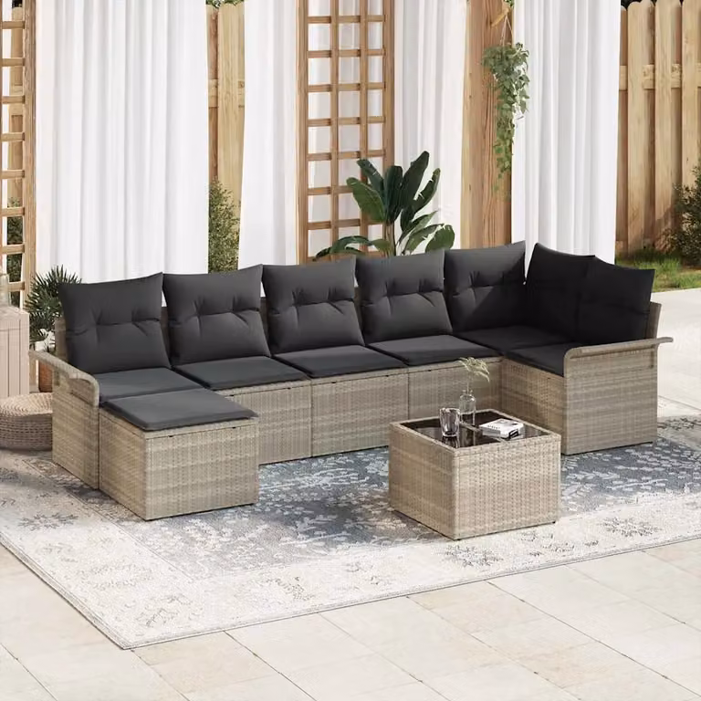 Set Divano da Giardino a L vidaXL in Polyrattan Grigio con Cuscini e Tavolino da Esterno 8 Pezzi