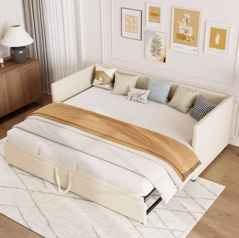 CDGlobal letto da giorno divano letto estensibile in tessuto vellutato struttura letto divano letto ospite letto per ragazzi con rete a doghe letto singolo/letto matrimoniale in tessuto vellutato senza materasso (beige)