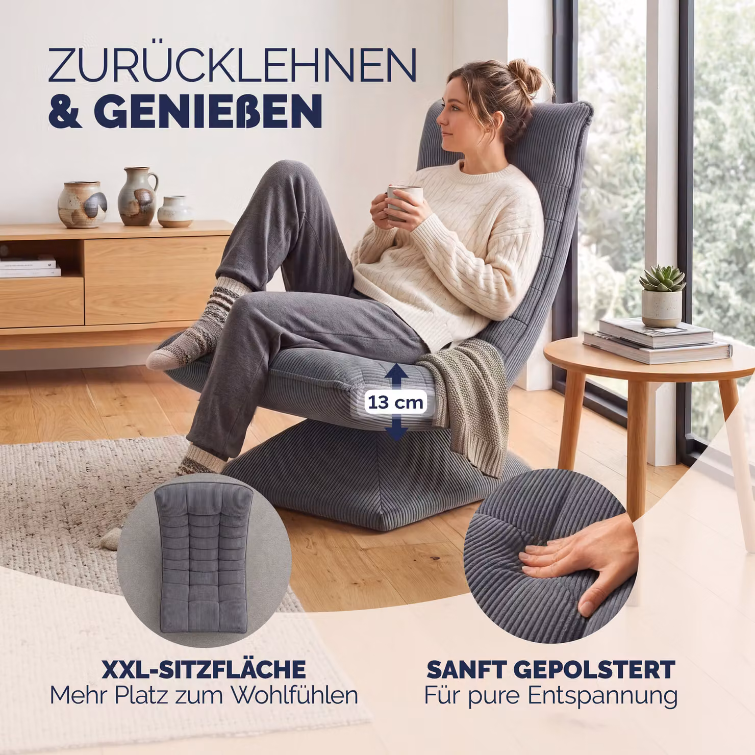 Poltrona relax Aberdeen Casaria grigia in velluto a coste, girevole a 360° e regolabile in 5 posizioni con struttura in metallo – 2
