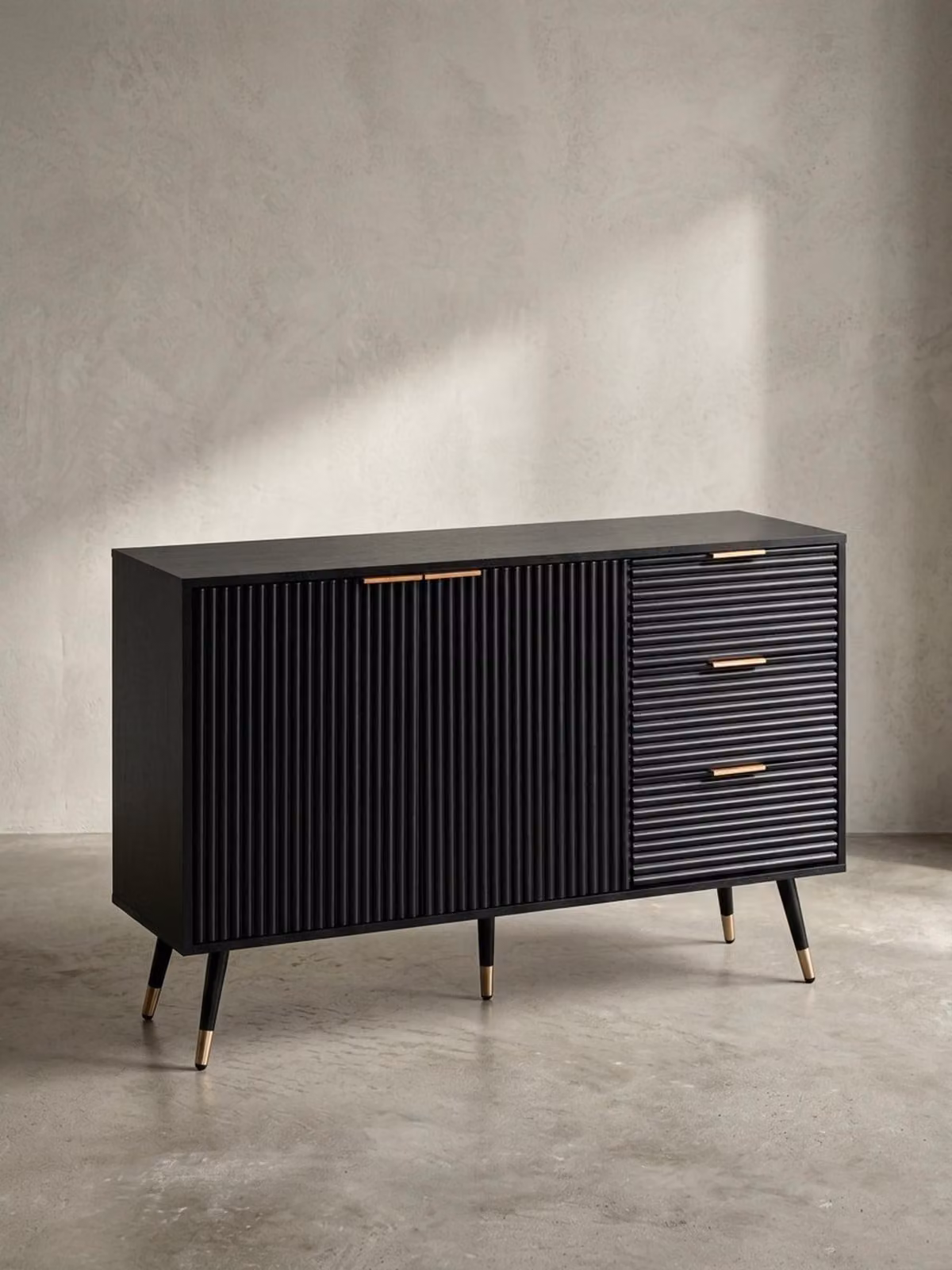 Credenza 120x80x40 cm Credenza nera con decorazione in rovere, cassettiera con ante e cassetti, cassettiera Moderno armadio da ingresso, armadio da soggiorno con gambe in metallo
