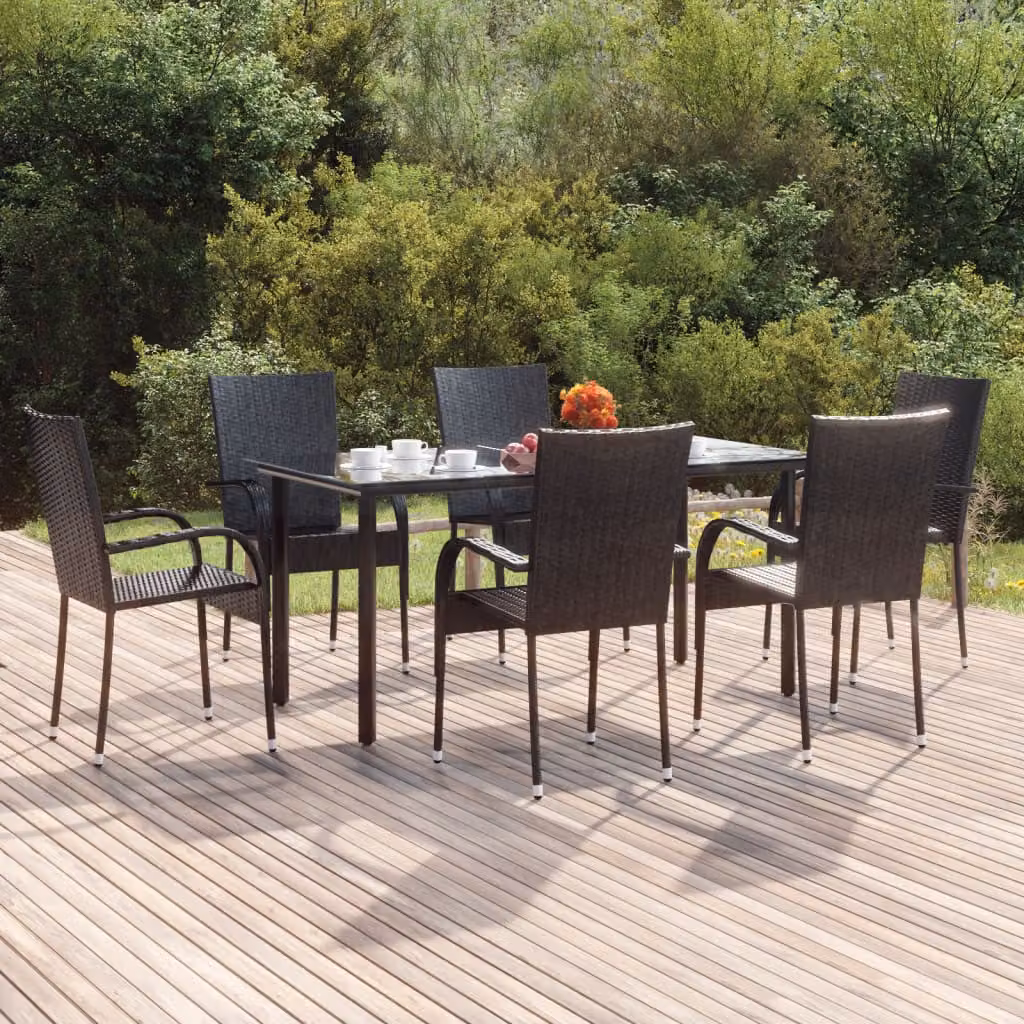 Set da pranzo da giardino vidaXL in 7 pezzi in polyrattan e vetro nero moderno