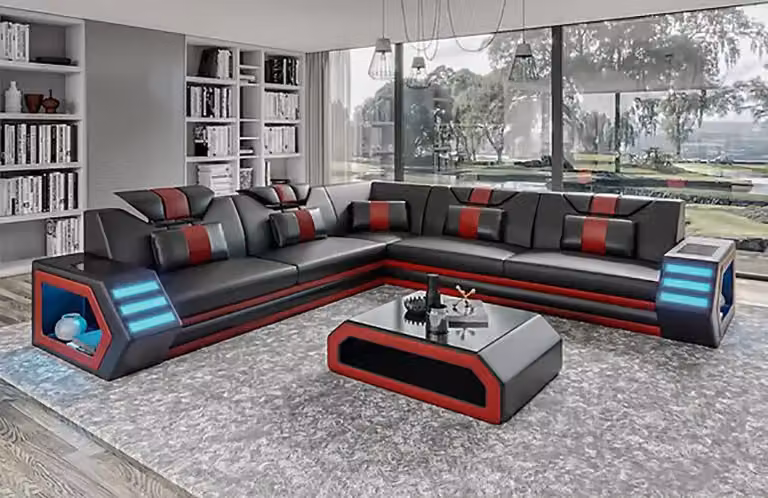 Design Wohnzimmer Eckcouch Ecksofa Möbel Lederpolster Couch Sofa L-Form + Tisch