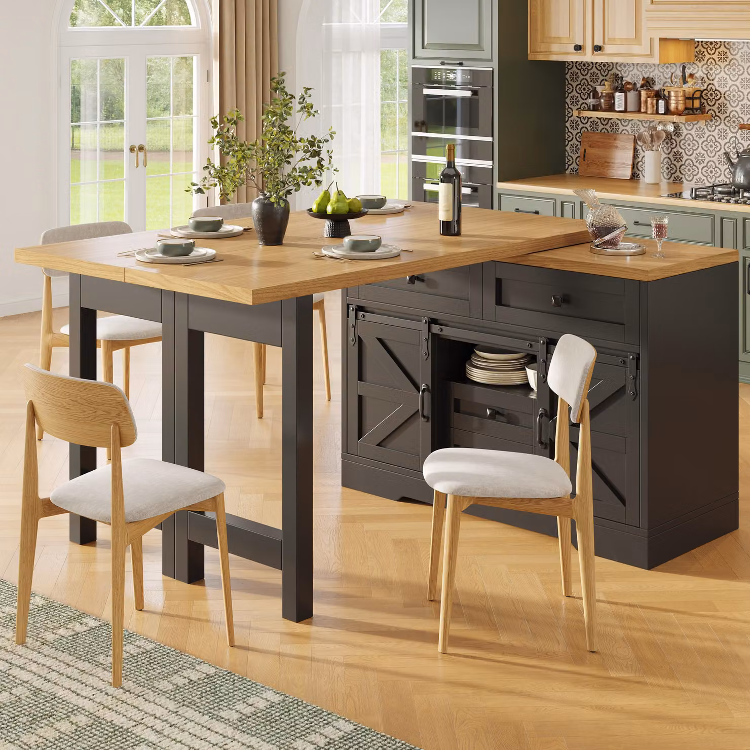 Tavolo allungabile multifunzione con piano, cassetti nascosti, pannelli girevoli a 360°, possibilità di utilizzo come bancone o tavolo da cucina, dimensioni 120-197x40x72 cm, colore nero