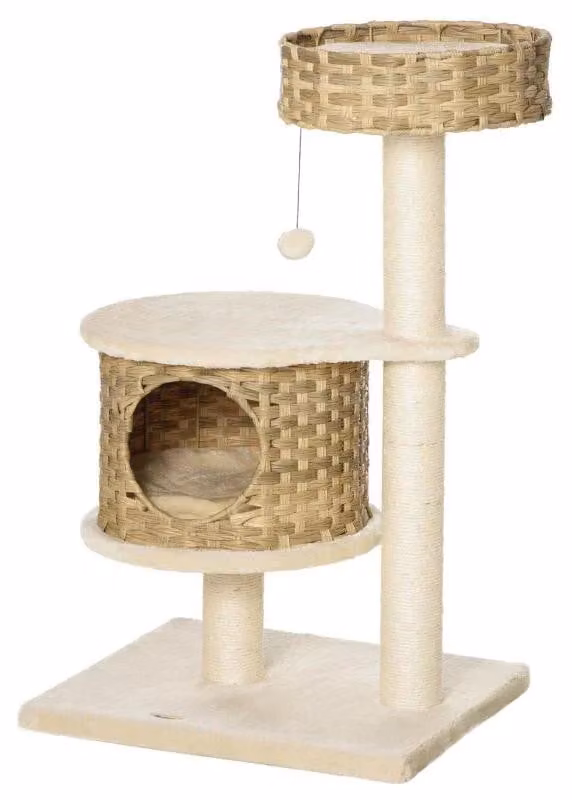 Albero per gatti con casetta | Colore: naturale e beige | Dimensioni: 47x55x95 cm