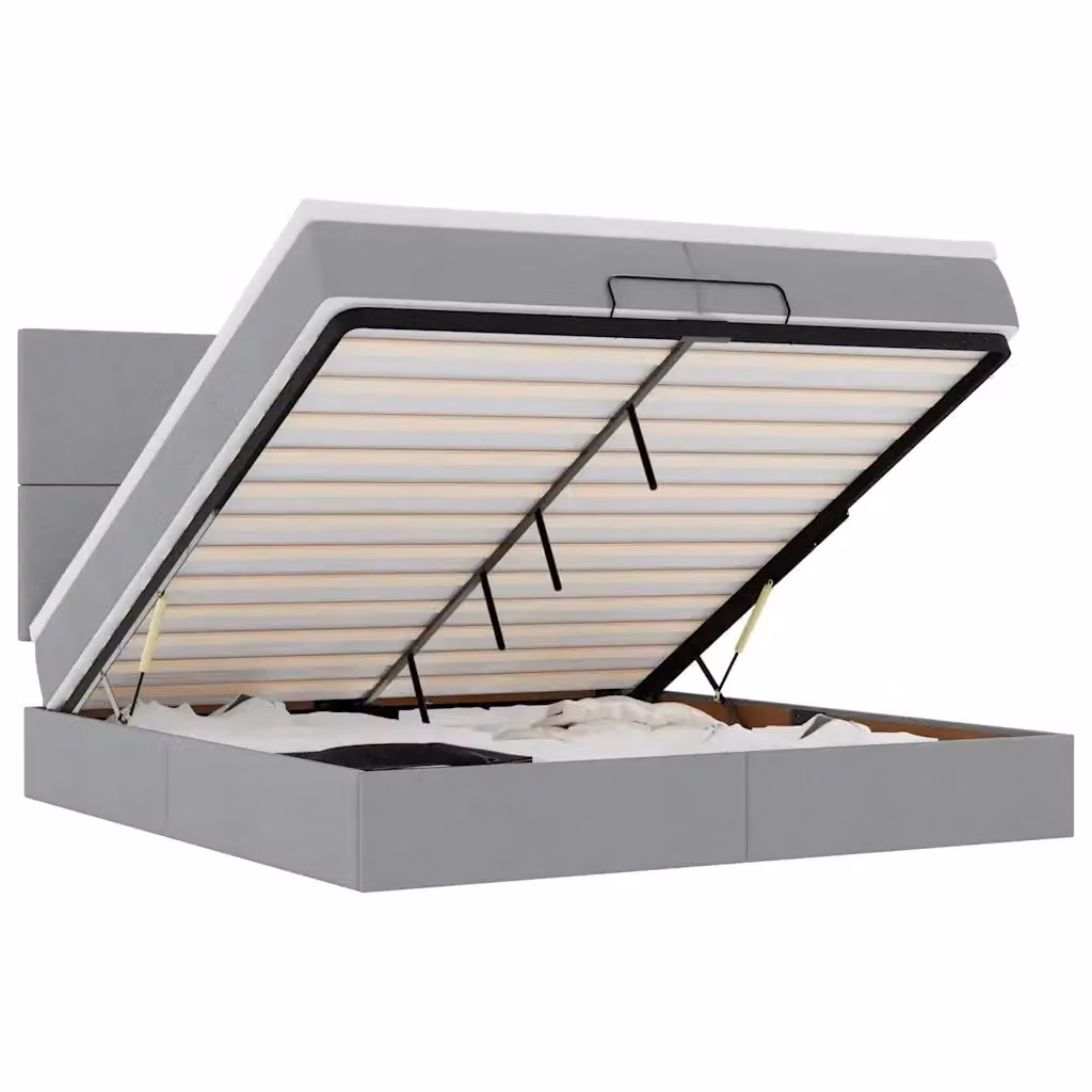 Letto con contenitore a sollevamento vidaXL in tessuto grigio e bianco con illuminazione sottostante e porta USB L: 200 cm, P: 200 cm, H: 280 cm – 2
