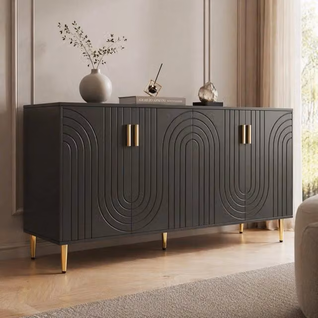 Sideboard nero in MDF 152x40x75 cm con design a onde e maniglie dorate, ideale per sala da pranzo