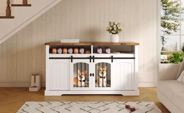 Gabbia per cani da interno OKWISH con porta scorrevole e divisorio rimovibile in MDF e metallo, bianco e marrone, L: 153 cm, P: 60 cm, H: 85 cm