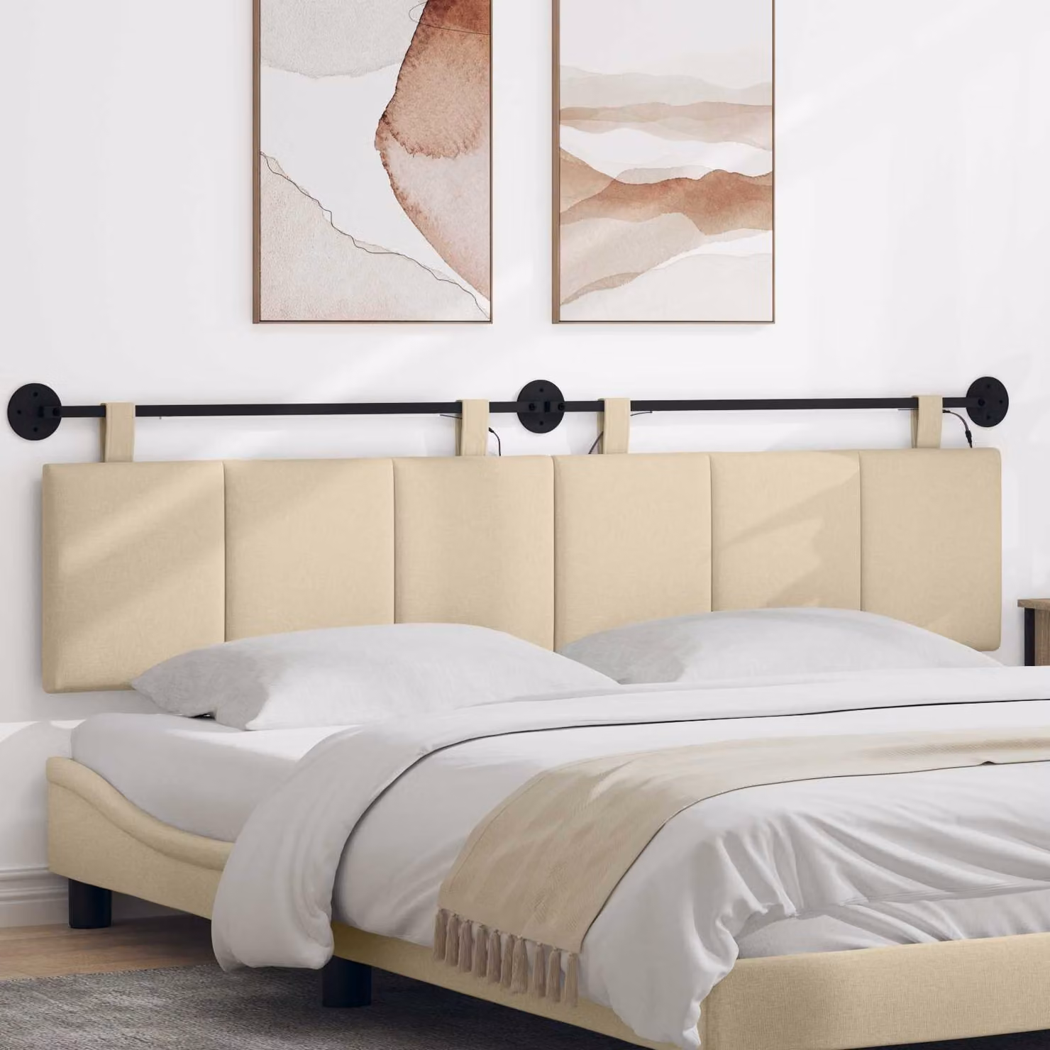 Testiera per letto sospesa vidaXL con luce LED integrata e funzione lettura, rivestimento in tessuto beige, L: 210 cm, H: 55 cm, P: 9,3 cm