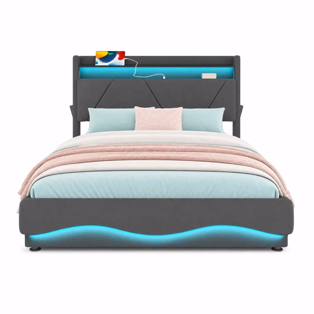Letto contenitore matrimoniale in velluto grigio scuro con illuminazione LED, porte USB e testiera con ripiani, L/P/H: 140 x 200 x 116,5 cm – 2