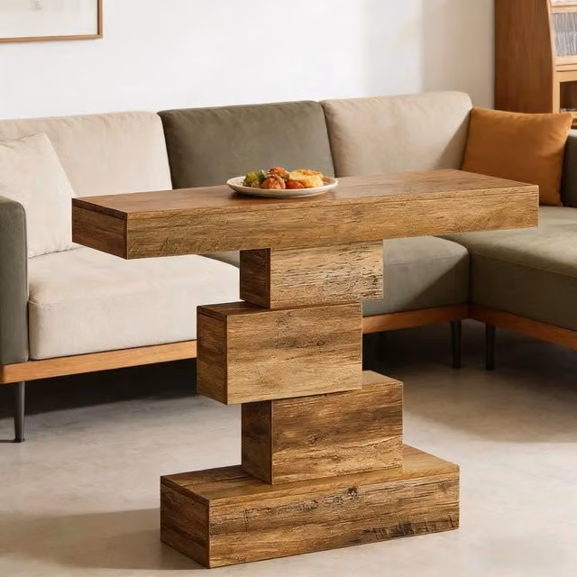 Tavolo consolle 108x30x80 cm con base geometrica in legno marrone chiaro