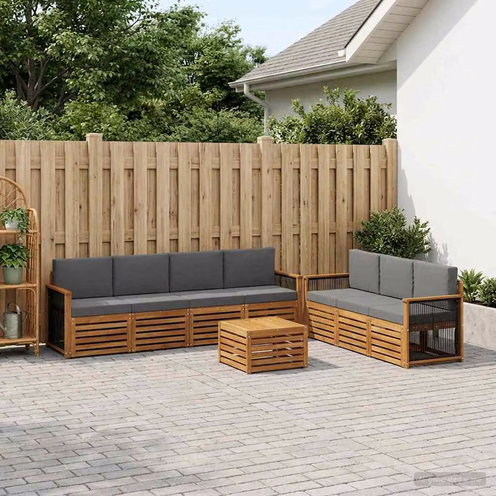 Set di divani da giardino vidaXL in legno di acacia massello con cuscini, 8 posti, marrone e grigio