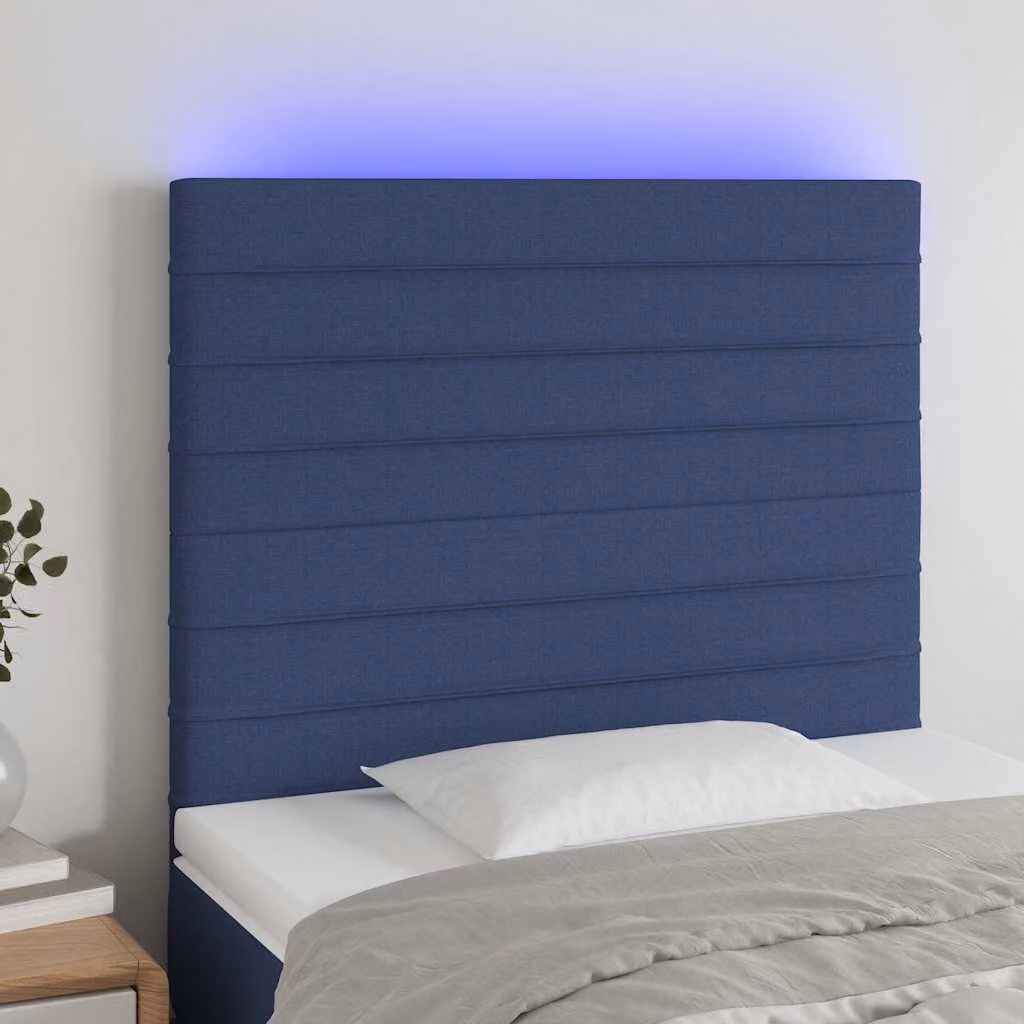 Testiera per letto vidaXL in tessuto blu con illuminazione LED e porta di ricarica USB, L: 80 cm, P: 5 cm, H: 118-128 cm