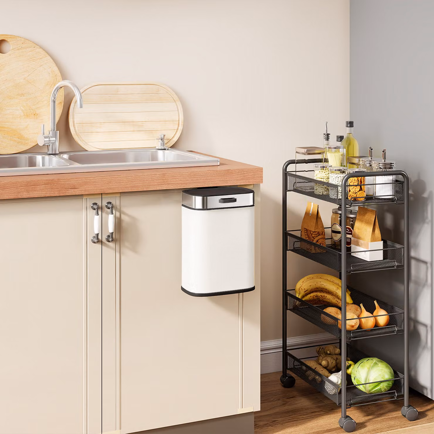 Pattumiera HOMCOM da 5 L in acciaio inox con coperchio a ribalta, posizionabile a terra o appesa, colore bianco crema – 2