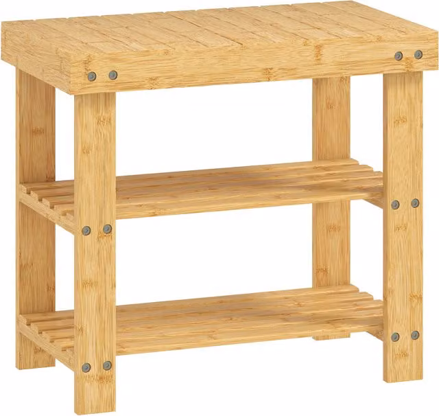 Panca porta scarpe HOMCOM in bambù con 2 ripiani e seduta, scarpiera per ingresso, L: 50 cm, P: 28 cm, H: 45 cm, colore naturale – 1