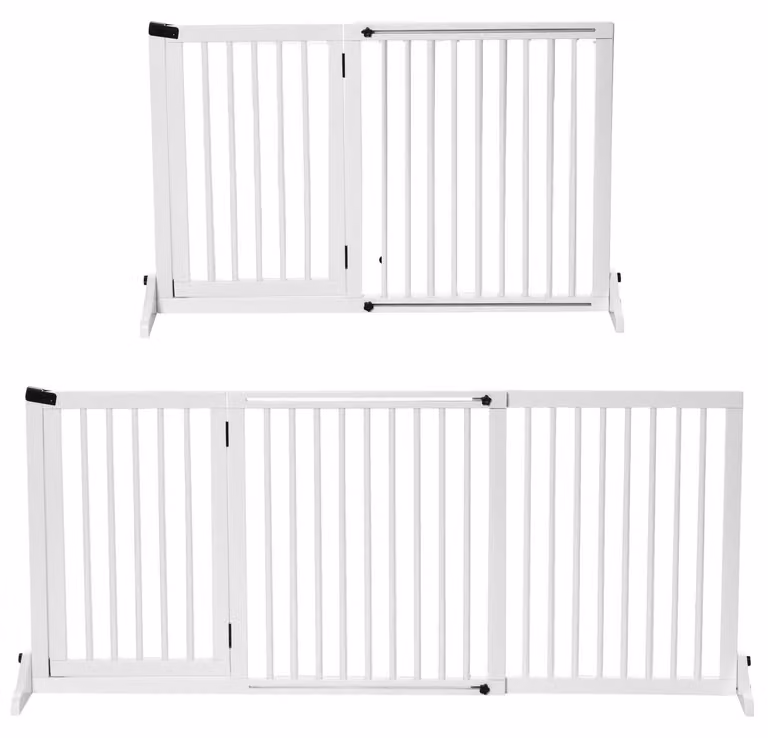 Cancelletto di sicurezza per cani Cancelletto di sicurezza autoportante in legno con porta, bianco, 113-166x36x71 cm