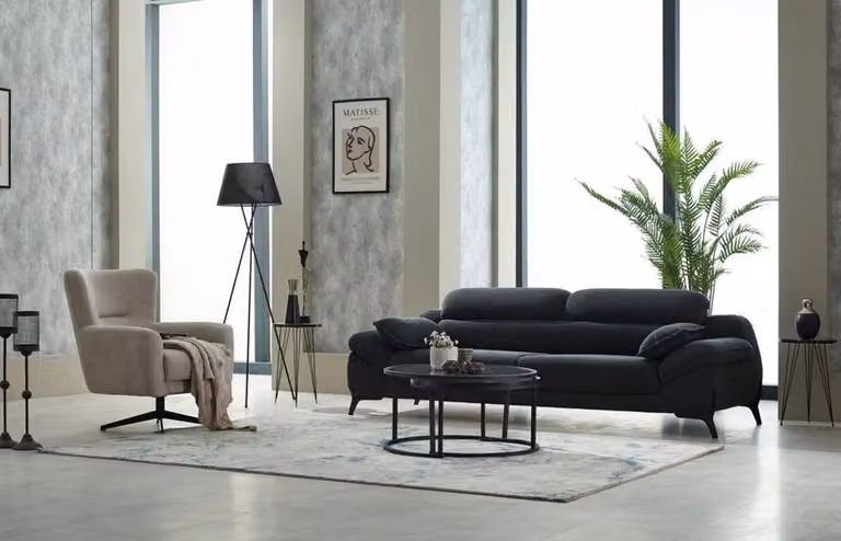 Komplette Couchgarnitur Polstersofa Dreisitzer Stoff Schwarz Sessel