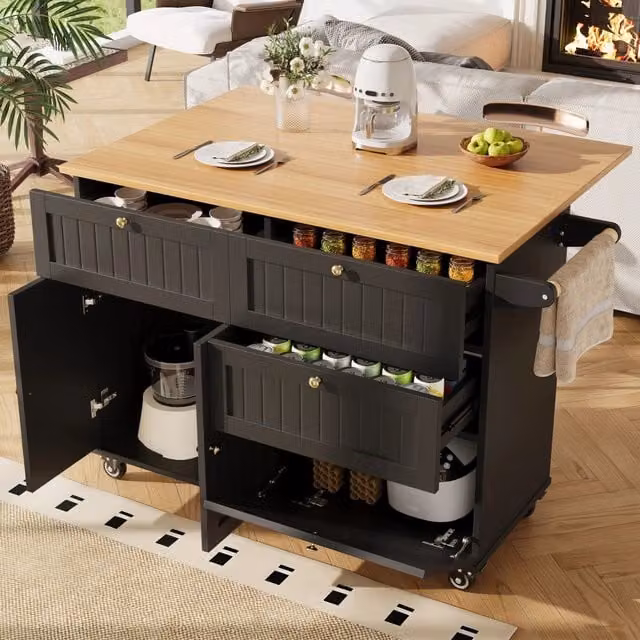 Isola cucina mobile nera con contenitore in MDF e metallo 133 x 70 x 88 cm