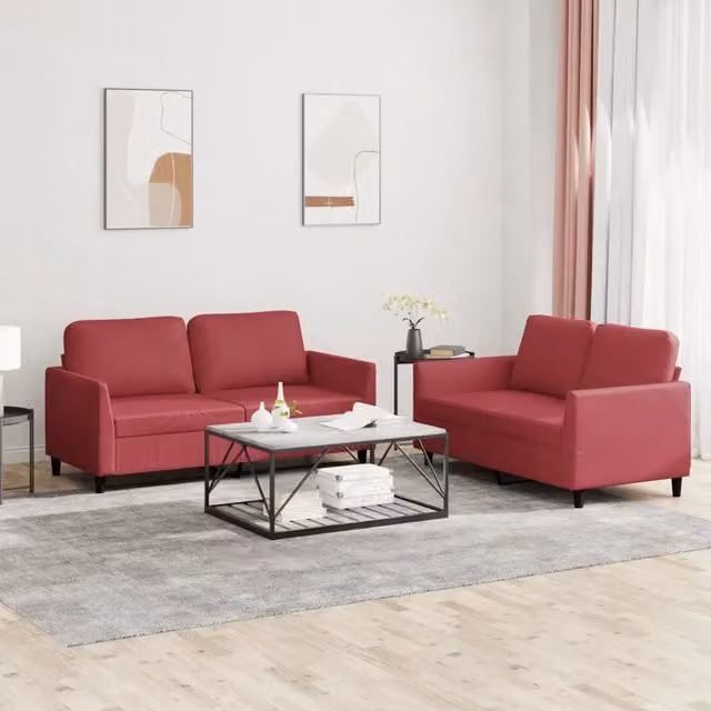 Set di Divani 2 pz con Cuscini Rosso Vino in Similpelle 3201753