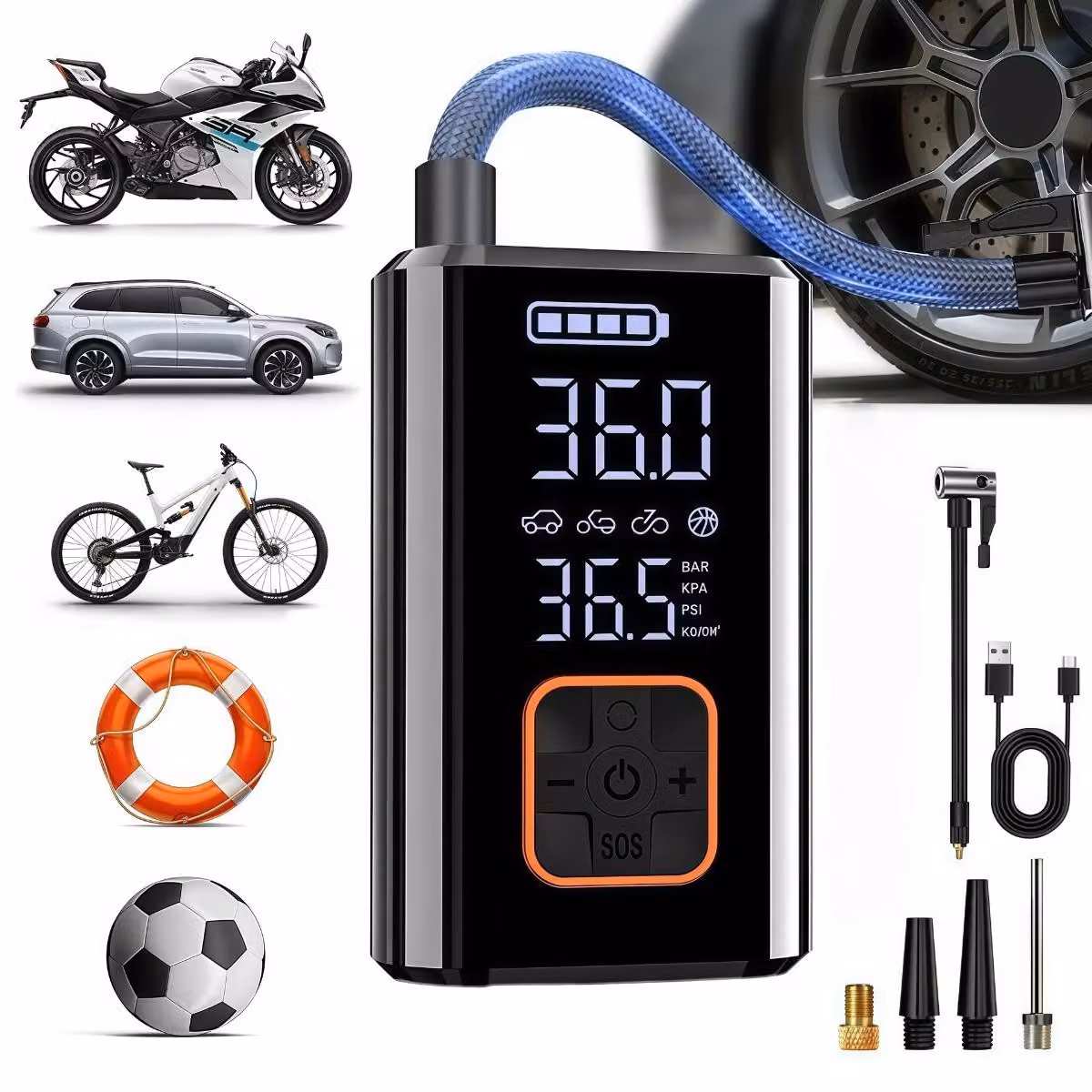 INF Gonfiatore Pneumatici Senza Fili — Compressore d'Aria Portatile 80w, 150psi, Luce LED e Batteria Ricaricabile 3x2000mAh