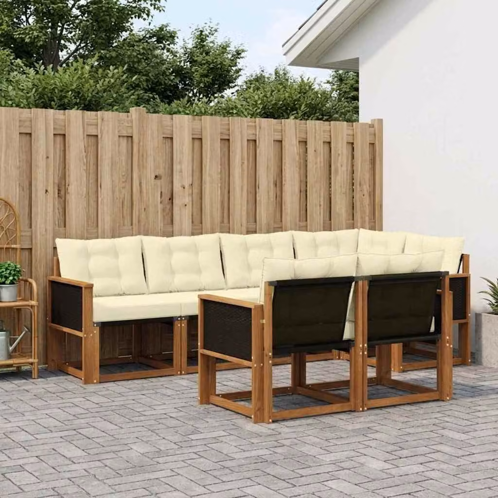 Set di divani da esterno vidaXL 7 pz in legno di acacia con cuscini beige e bianco
