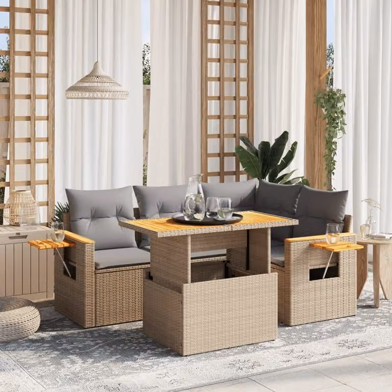 vidaXL Set Divano da Giardino 5 pz a L in Polyrattan con Cuscini Beige e Tavolino da Esterno
