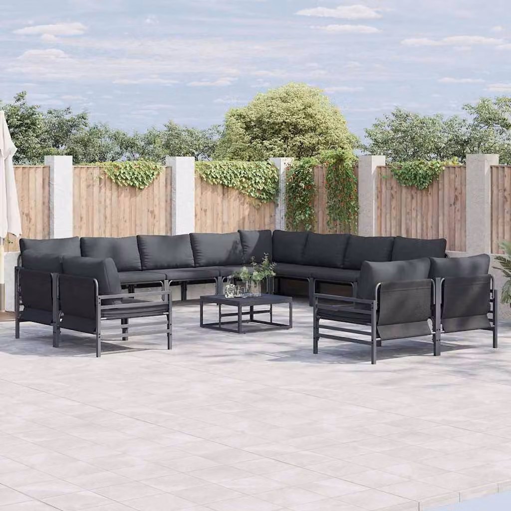 Set Divano da Giardino vidaXL 12 Pezzi a Forma di L con Cuscini Antracite e Nero in Acciaio Verniciato a Polvere – 1