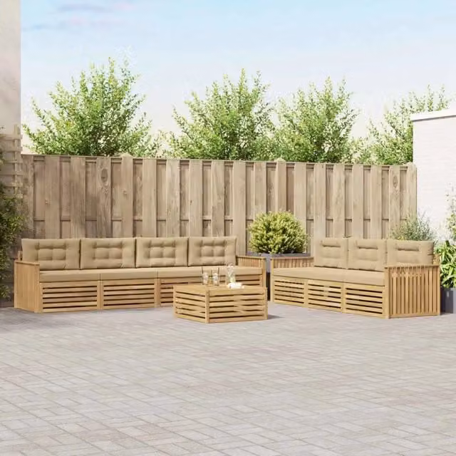 Set di mobili da giardino vidaXL composto da divano a 3 posti, poltrone e tavolino da caffè in legno di acacia trattato, colore bianco e beige