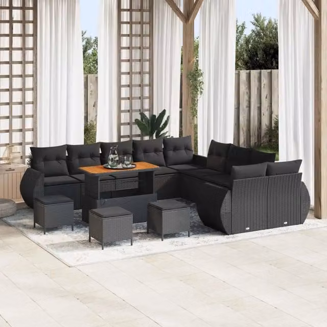 Set Divano da Giardino vidaXL a forma a U composto da 14 pezzi in Polyrattan Nero con Cuscini e Tavolino da Caffè – 1