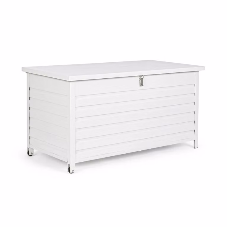 Baule da giardino BURGOS in alluminio bianco con ruote, 141x73x74