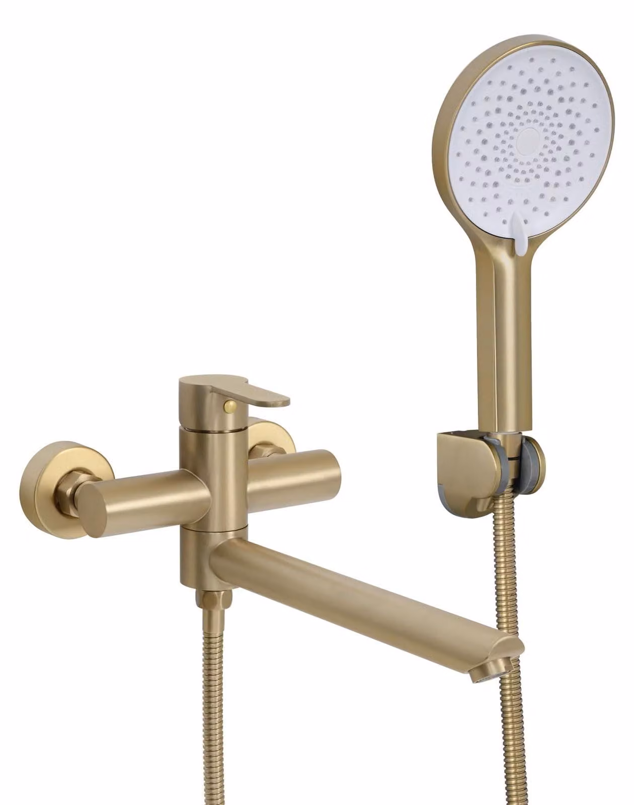 Miscelatore da bagno da parete con doccetta a mano, finitura oro spazzolato