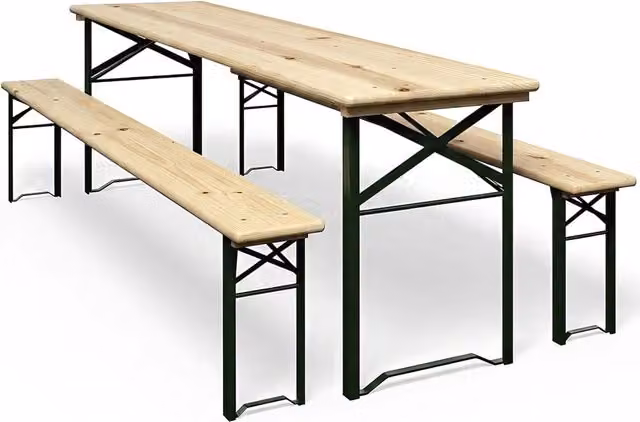 Set Birreria XL da 8 Posti con Tavolo e 2 Panche Pieghevoli in Legno di Abete e Acciaio, Colore Marrone, L: 200 cm, P: 70 cm