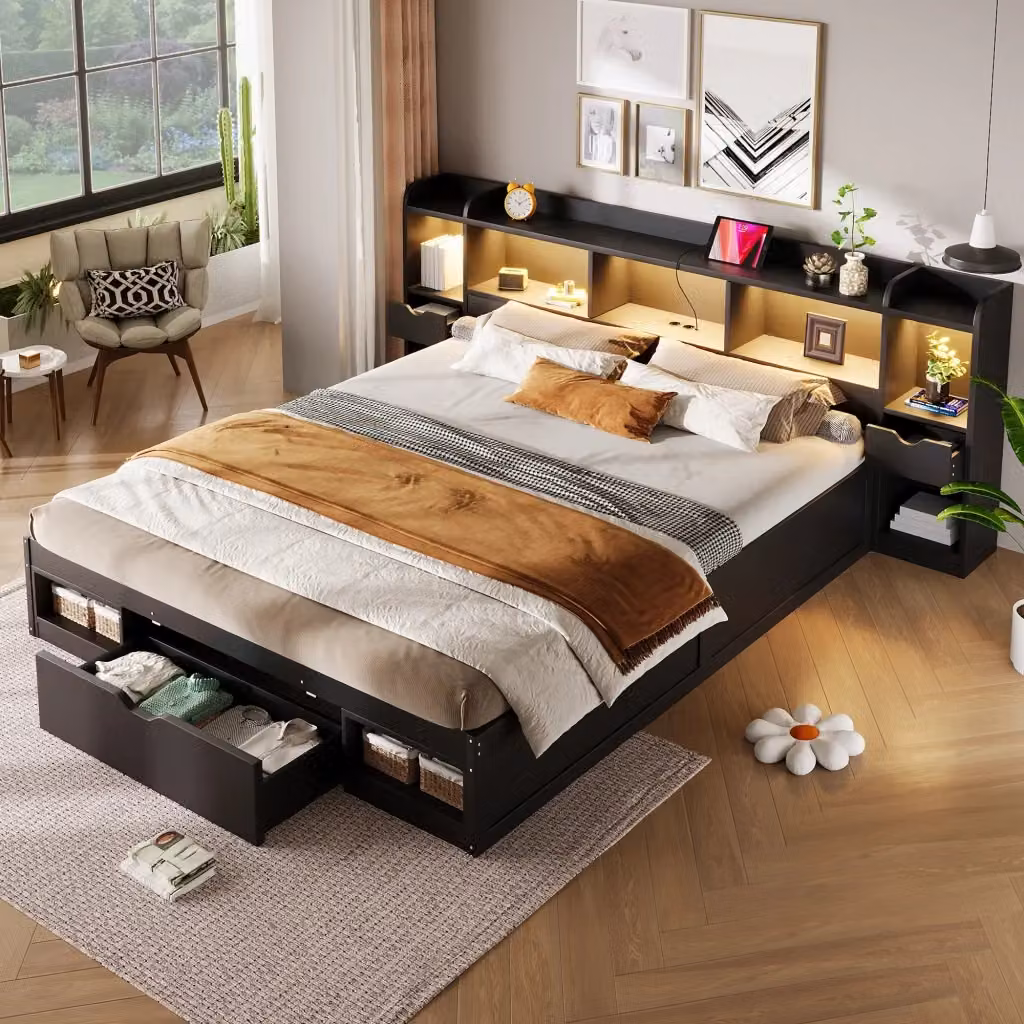 Letto Mivray con cassetti e illuminazione LED in MDF nero L/P: 180 x 200 cm – 2