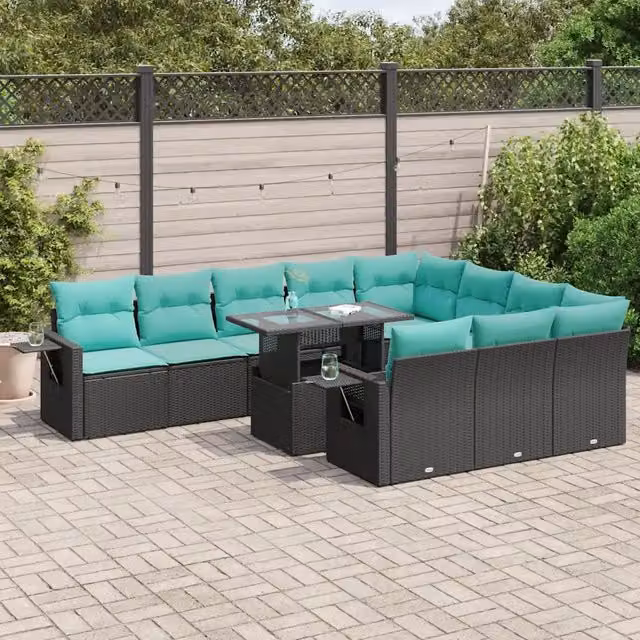 Set di Divani da Giardino vidaXL in Polyrattan con Cuscini e Tavolino da Esterno, 11 Pezzi, Colore Nero e Blu – 1