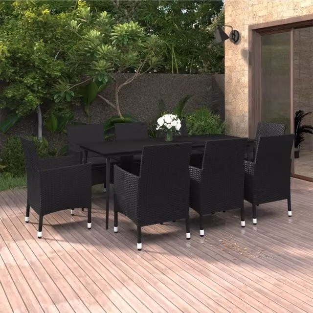 Set da pranzo da giardino vidaXL in polyrattan e vetro nero con 9 pezzi