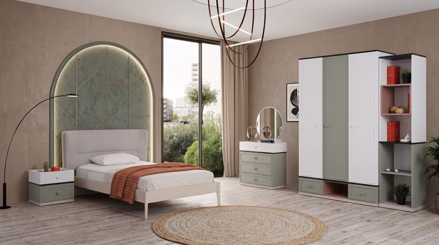 Letto, armadio, cassettiera, comodini, libreria, tutto in tonalità grigio per una camera da letto per adolescenti