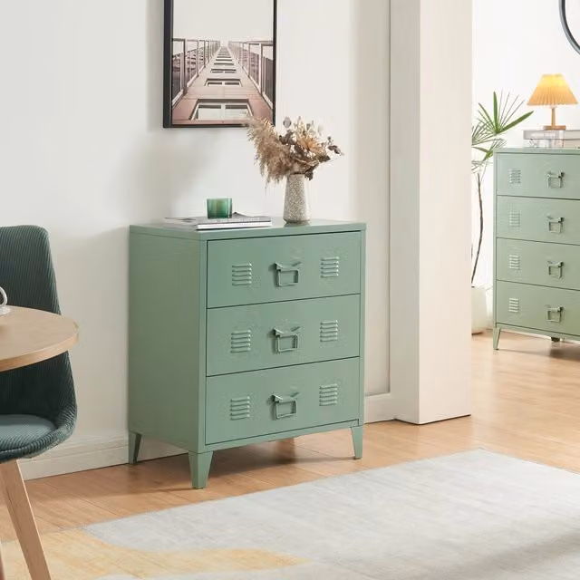 Cassettiera Hämeenlinna en.casa in acciaio con 3 cassetti verde opaco L 60 cm, P 40 cm, H 72 cm