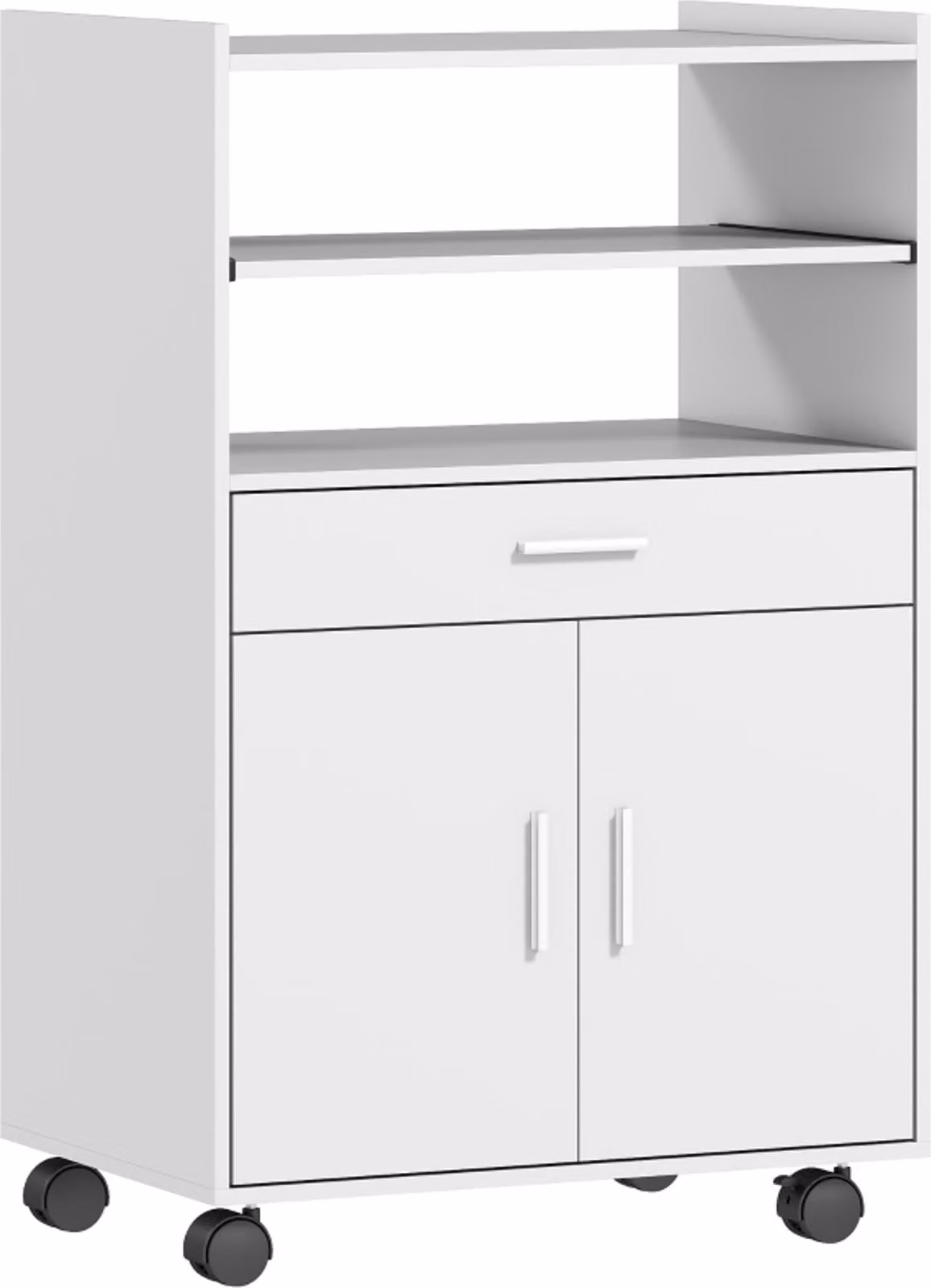 Armadietto per microonde, scaffale, armadietto a due ante, cassetto, rotelle, bianco, legno