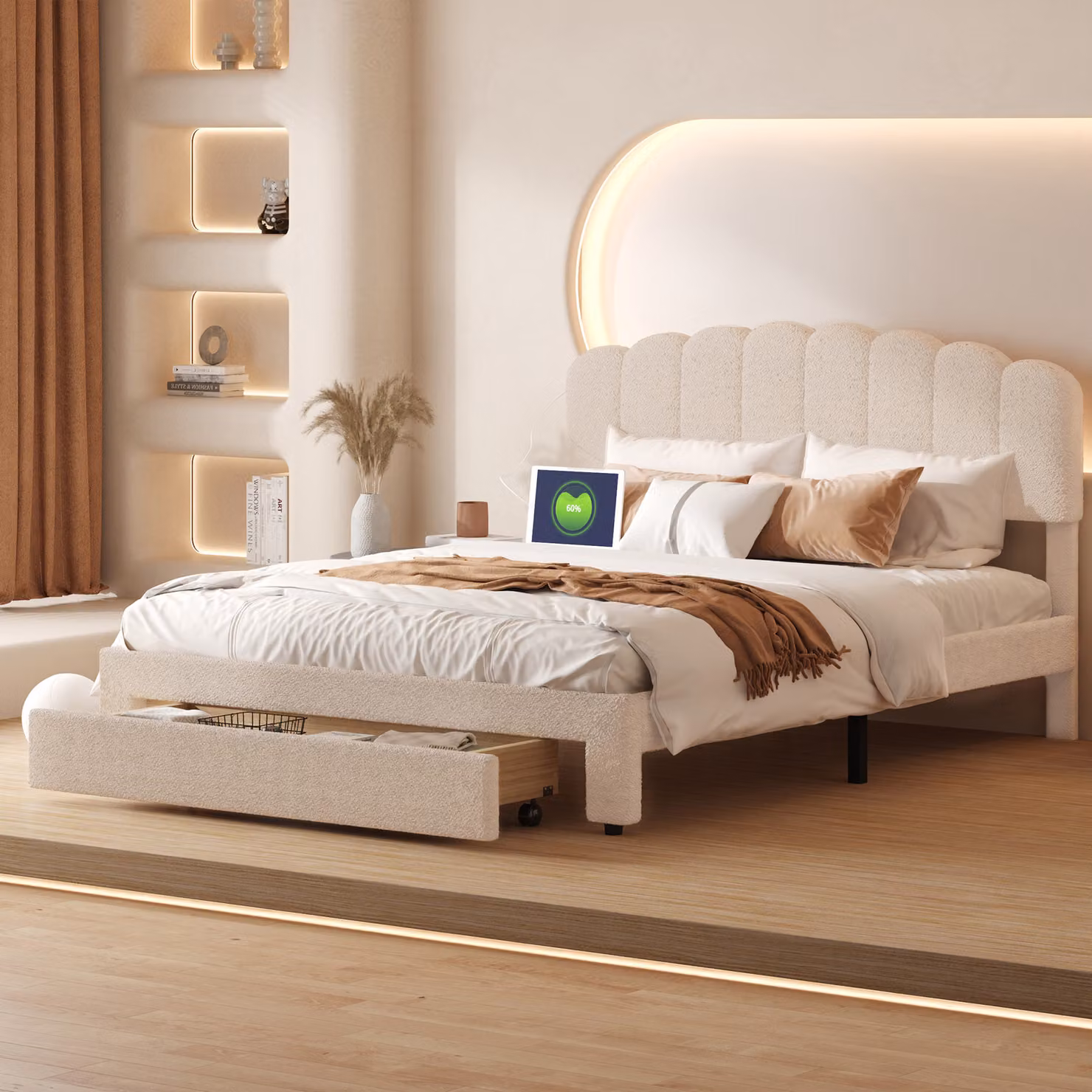 Letto matrimoniale imbottito 160x200cm con USB e ampi cassetti - tessuto sherpa - con rete a doghe - Beige