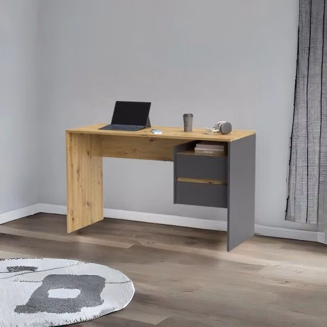 Scrivania Paco3 con 2 cassetti in stile moderno, colore rovere e antracite, L: 125 cm, P: 51,6 cm, H: 75,5 cm
