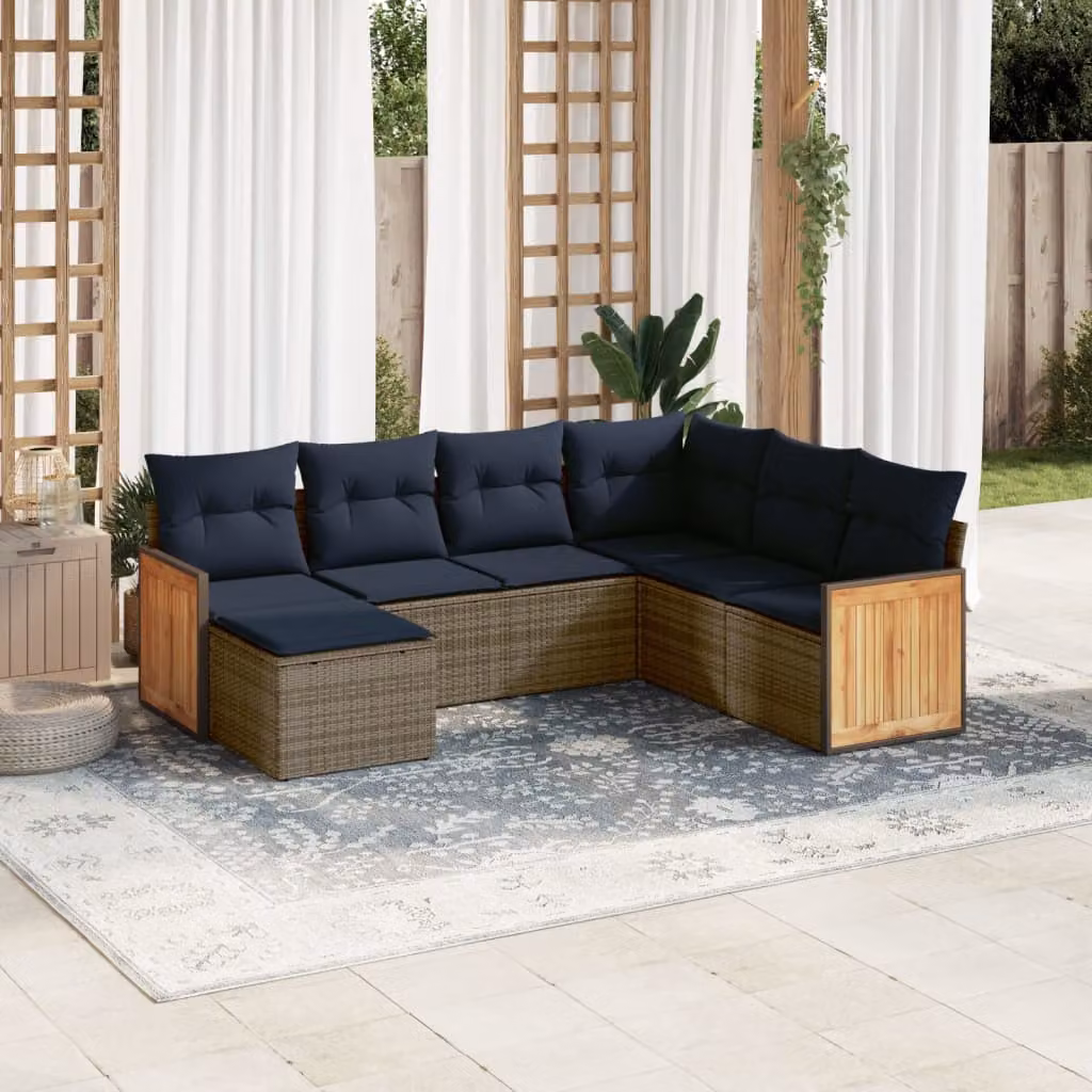 Set di divani da giardino vidaXL in polyrattan grigio con 7 pezzi, componibile a L con cuscini e tavolino da esterno