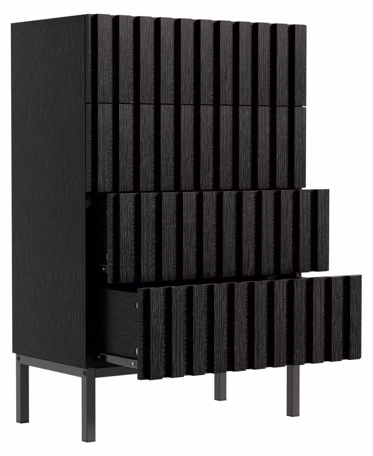 Comodino stretto con 4 cassetti, dimensioni 60 x 34,5 x 92 cm, colore nero